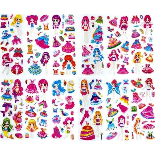 12 Sheets/Set Dress Up Girl Stickers 3D Cartoon Princess Bubble Scrapbooking for Girls Notebook Bedroom Decoration