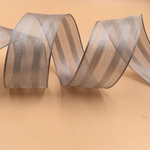38mm X 25yards Wired Stripes Metallic Grey Silver Ribbon.gift Bow,wedding,cake Wrap,tree Decoration,wreath N1115