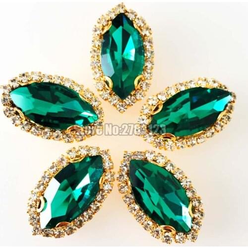 Free shipping Horse eye shape Gold bottom Crystal button,Malachite green AAA+ Glass Crystal sew on rhinestones