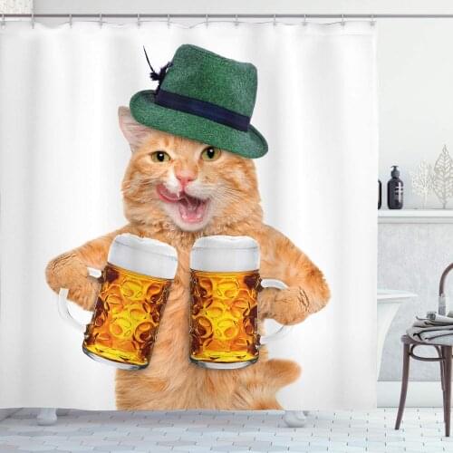 Pale Orange Cat Shower Curtain Cool Cat Hat and Beer Mugs Bavarian German Drink Festival Tradition Funny Humorous
