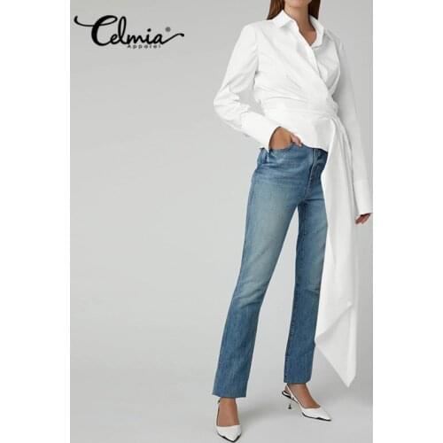 Celmia Womens Shirts 2021 Fashion Autumn Long Sleeve Blouses Belted Asymmetrical Casual Pleated Top Loose Office Elegant Blusas
