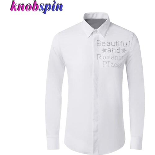 Brand Letters Sequin Mens Long sleeve Shirt Solid color Slim Business male dress Shirts Plus size M-4XL Casual Camisa masculina