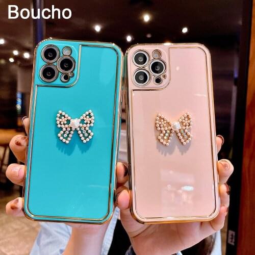 Boucho Electroplated Pearl diamond Bow Pattern Case For iPhone 12 Pro Mini 11Pro Max XS XR X 7 8 plus SE Luxury Plain Soft Cover