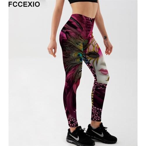FCCEXIO New Arrival Womens Peacock Mask Digital Print Leggings Slim Trousers Stretch Pants Plus Size Fitness Leggings