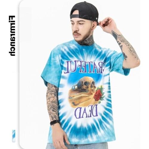 2021 Tee For Men/Women Skull & Rose Print Tie-dye Blue Short Sleeve Hip Hop High Street Loose Vibe Style T-shirt Large