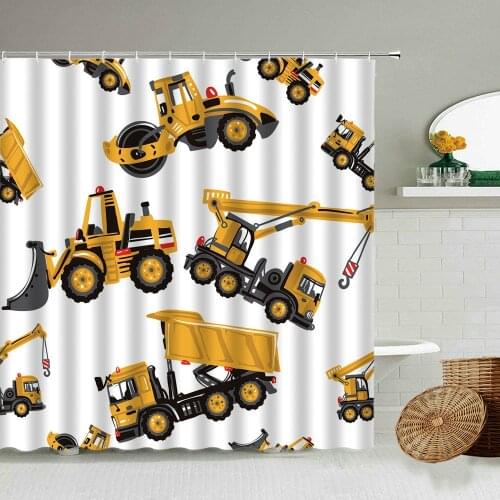 Cartoon Yellow Construction Truck Excavator Car Shower Curtain Machinery Equipment White Child Bathroom Waterproof Curtains