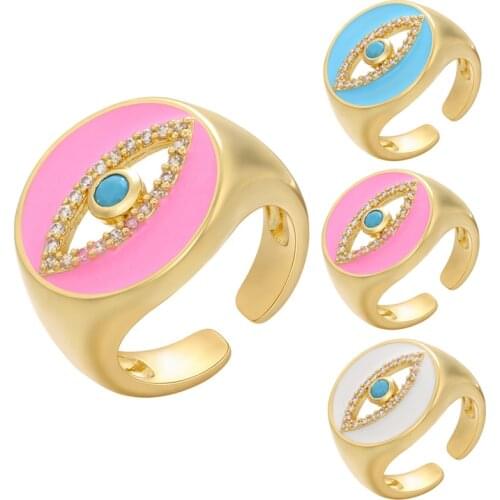 Cubic Zirconia Evil Eye Filled Rings for Women Girls Bohemia Jewelry Gift Open Adjustable Wide Enamel Ring Rounded