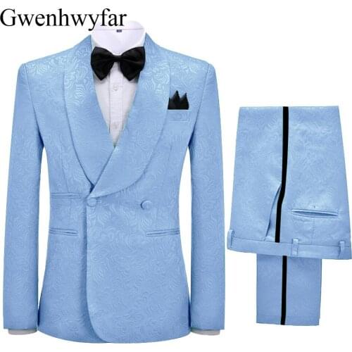 Gwenhwyfar Young Men Sky Blue Costume Two Pieces Blazer Pants Double Breasted Wedding Party Groom Tuxedo Festival Prom Men Sets