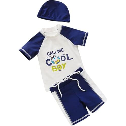Boys Swimsuit Set, Letter Print Short Sleeve Tops + Shorts + Cap There-Piece Suit for Swimming Beach Vacation 2-8T