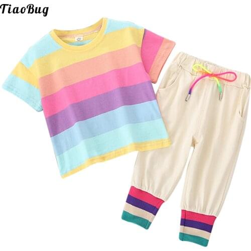 Summer Girls Stylish Outfits Striped Round Neckline Short Sleeve Top And Drawstring Loose Cropped Trousers With Pockets