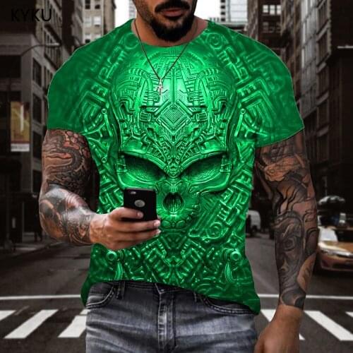 KYKU Skull T-shirt Men Rock Tshirts Casual Green Shirt Print Street Anime Clothes Mens Clothing Hip hop Casual Tops Male Tops