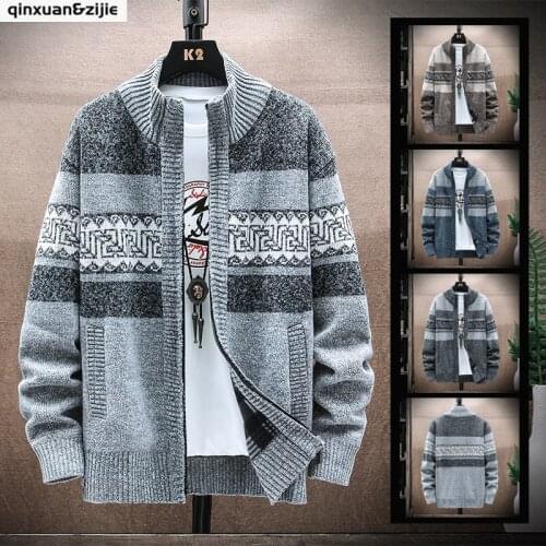 Casual Zip Up Fleece Thick Mens Knitwear Cardigan Autumn Winter Oversize Warm Sweater Coat Geometric Stand Jacket Fashion 2021