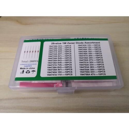 1Box 280PCS=28Value*10pcs Zener Didoe kit 1W 3.3V to 47V (3.6/3.9/4.3/4.7/5.1/5.6/6.2/6.8/7.5/8.2/9.1/10/11/12/13/15/16/18/20
