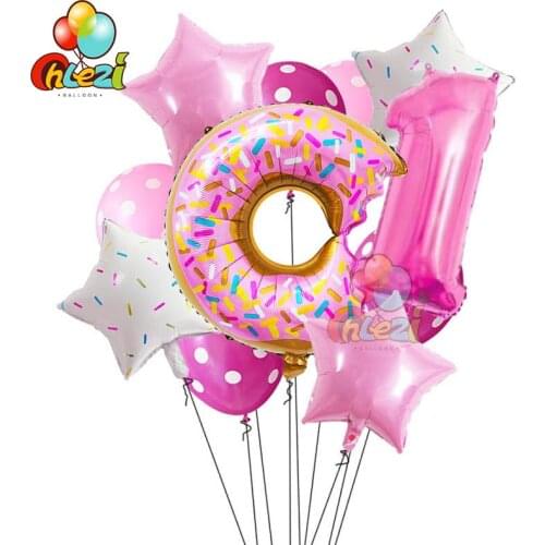 11pcs Donut Foil Balloons Set 32 Inch Pink Number 1 2 3 Year Candy Star Dot Latex Balloon Birthday Party Decorations Baby Shower