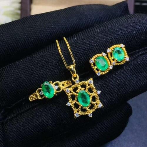 Real Natural Emerald jewelry set Natural Real Emerald 925 sterling silver 1pc pendant,1pc ring,2pcs Earring