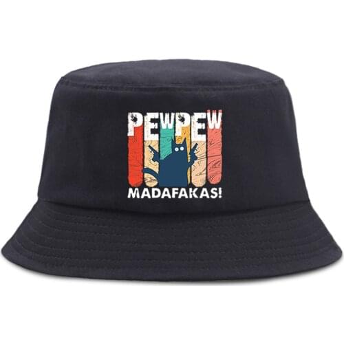 Cat Black Pew Pew Madafakas Bucket Hats Unisex Fashion Fishermans Caps Outdoor Sunscreen Fishing Cap Summer Casual Beach Hat