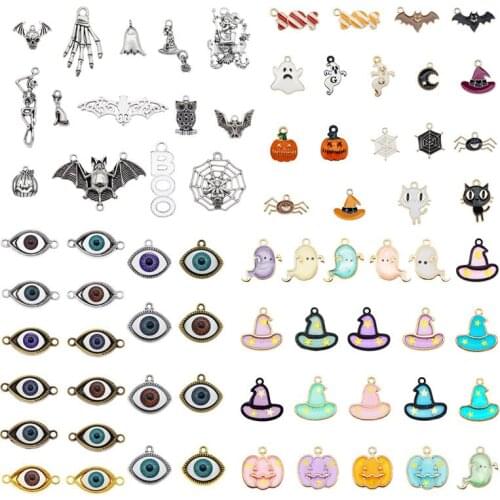 Julie Wang 20PCS Halloween Charms Mixed Enamel Alloy And Resin Ghost Pumpkin Bat Hat Human Eyes Pendant Jewelry Making Accessory
