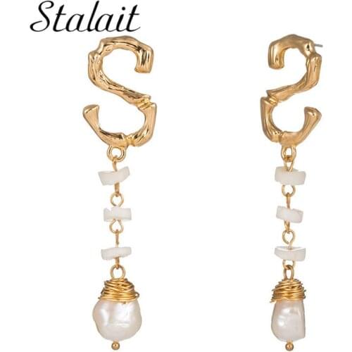 Gold Color S Drop Earrings For Women Luxury Letter Irregular Fresh Pearl Dangle Earrings Engagement Gifts Jewelry