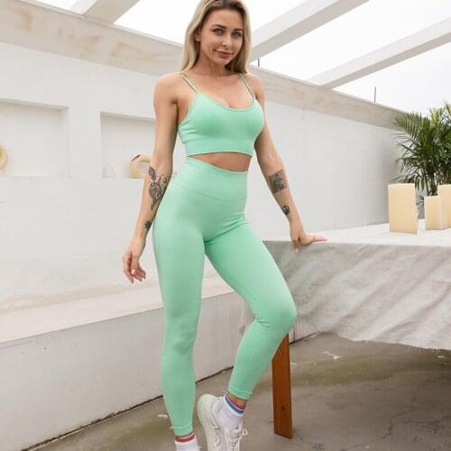 High Waist Running Leggings Sports Set Seamless Workout Sport Pants Bra Gym Clothing Short Crop Top Breathable Women Yoga Set