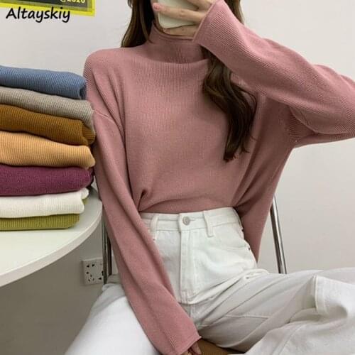 Sweaters Women Office Ladies Spring Korean Style Slim All-match Elegant Mujer Solid Fashionable Long Sleeve Turtleneck Pullovers