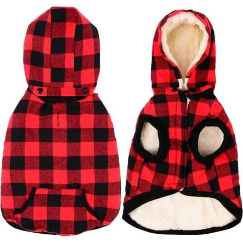 GLORIOUS KEK Dog Clothes Jacket Winter Fleece Lining Dog Coat Warm Removable Hood Plaid Pet Clothes for Small Medium Large Dogs