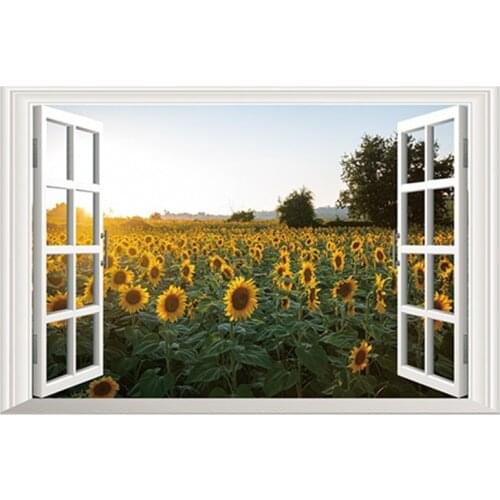 Outside the fake window sunflower landscape 3d wall art vinyl mural stickers "flower word of love" warm poster wallpaper 60*40cm