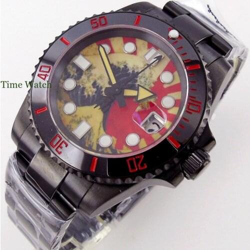 Black PVD Coated Kanagawa Dial 40mm Mens Automatic Watch Japan NH35 Movement Sapphire Glass Glide Lock Band Ceramic Insert