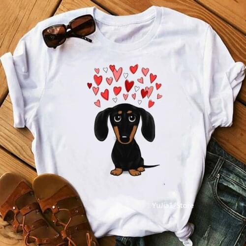 Black And Tan Dachshund With Love Print Tshirts Women Cute Wiener Dog Cartoon T Shirt Femme Summer Tops Harajuku Female T-Shirt