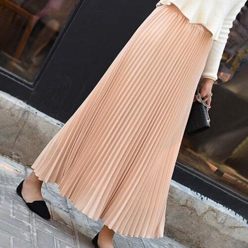 38# Women Narrow Elastic Waist Skirts High Waist Pleated Skirts Big Swing Female Casual Pink Black White Midi Skirt Long Skirt