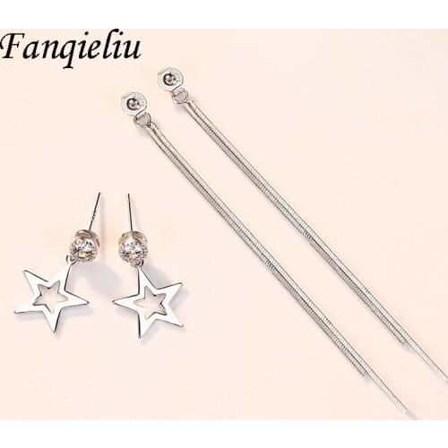 Fanqieliu 2PCS Long Tassels Dangle Earring With Crystal Real Sterling 925 Silver Drop Earrings For Women FQL21044