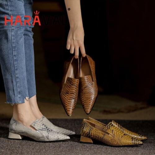 HARAVAL Women Ankle Pumps Shoes High Heels Genuine Leather Sewing Office Lady Solid Casual Slip On Square Heel Female Shoes A297