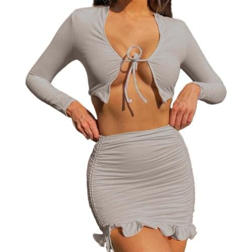 Lady Outfit Solid Color Long Sleeve Sexy Women Crop Top Ruched Drawstring Two Pieces Matching Set vetement femme женское платье