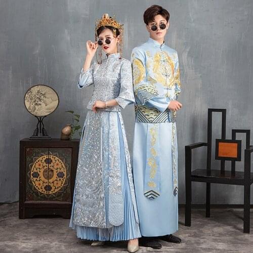 FZSLCYIYI Blue Female Embroidery Wedding Qipao Men Chinese Vintage Marriage Cheongsam Suit Flower Elegant Asian Bride Dress Gown