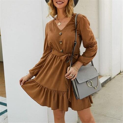 2020 New Spring Summer Casual Office Ladies Dresses Women Solid Button V-Neck Long Sleeve Empire Ruffles A-Line Short Dress 1216