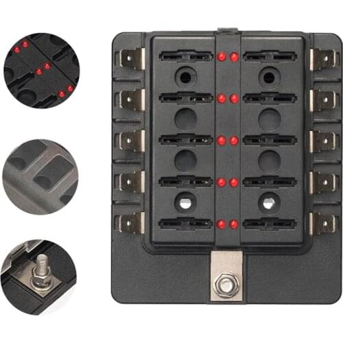 10 Way Blade Fuse Box Holder with LED Warning Light Car Vehicle Circuit Automotive Blade Car Fuse Boat Marine Trike Accessories