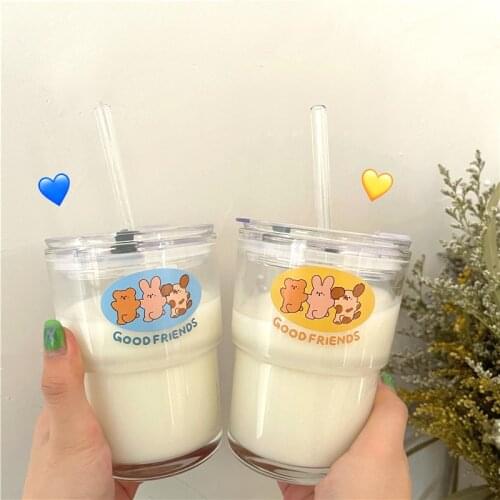 350ml Cute Bear Glass Water Cup With Straw Lids Transparent Milk Cartoon Coffee Bubble Tea Juice Drinking Cups For Girl Kids