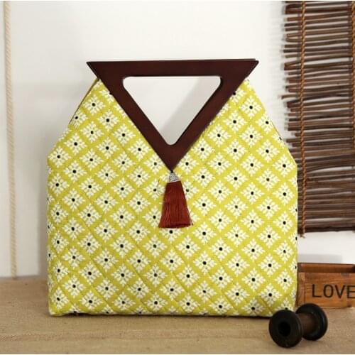 Angelatracy 2021 DIY Plaid Fashion DIY Floral Tassel Wood Handle Material Kit Bag Women Rivet Handbag Day Clutch Totes