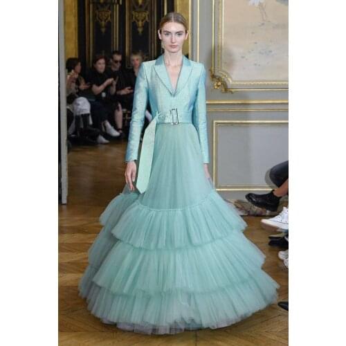 Long Tulle Glitter Prom Dresses 2021 V Neck Tiered Puffy Long Sleeve Formal Evening Party Dress vestidos de gala