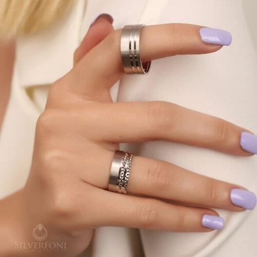 SILVERFONI 925 Sterling Real Silver Wedding Rings Set For Men And Women Jewelry Square Pattern Bands Anniversary Gift New Season