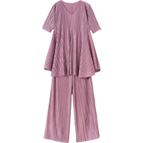 New Summer Middle Lady 2 Piece Sets Loose Plus Size Womens Suits Retro Casual Wide Legs Pants Two Piece Sets Folds Femme Mujer