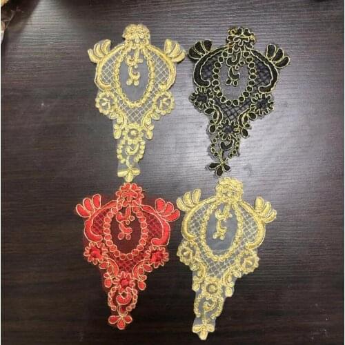 Hot 6 Pieces/3 Pairs 15*9cm Beautiful Quality Gold Red Black Flower Embroidery Lace Applique Patch for DIY Sewing Accessories