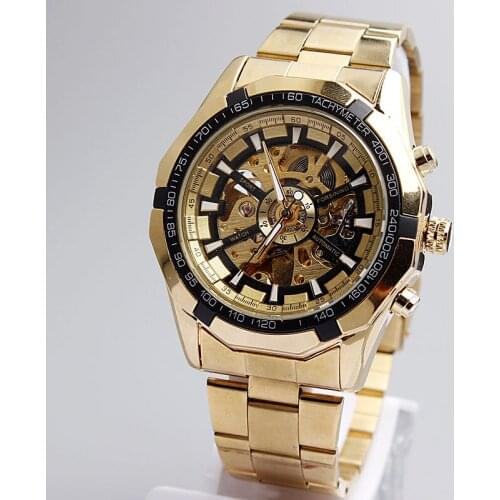 Gorben Silver/Gold Stainless Steel Band Steampunk Casual Automatic Skeleton Mechanical Watches Men Male Wrist Watch