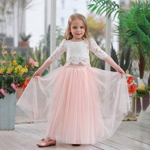 Wholesale 2019 Spring Summer Set Clothing for Girls Half Sleeve Lace Top+Champagne Pink Long Skirt Kids Clothes 2-11T E17121