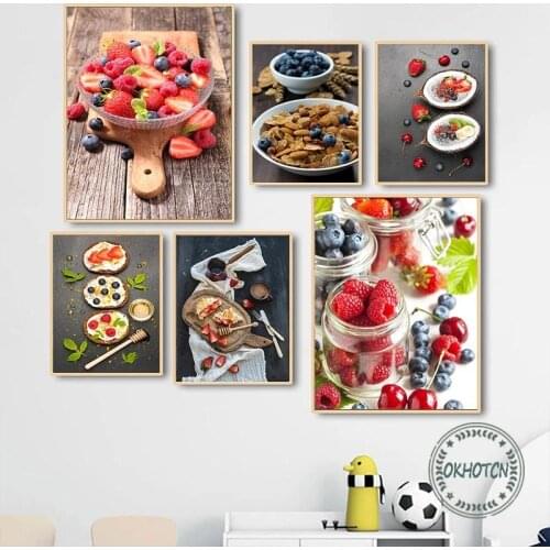 Nordic Kitchen Vegetable Fruit Food Canvas Painting Cheese Tomato Yogurt Muesli Berry Nuts Breakfast Poster Wall Art Pictures