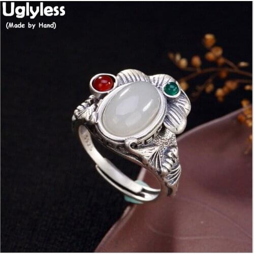 Uglyless 100% Real 925 Sterling Silver Ethnic Bats Finger Rings for Women Natural Jade Open Ring Thai Silver Fine Jewelry Gems