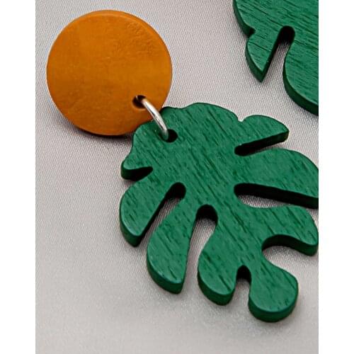 Vintage Wooden Green Leaf Dangle Earrings Fresh Orange Green Plant Drop Earrings