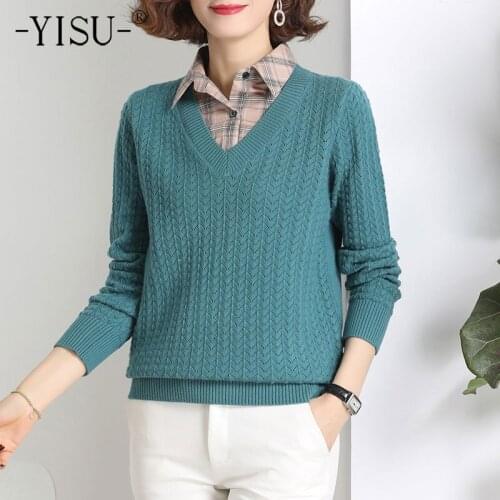 YISU Spring Loose Women Sweater Jumper Shirt collar Spring tops Solid color Long sleeves Top Female Casual Knitted pullover