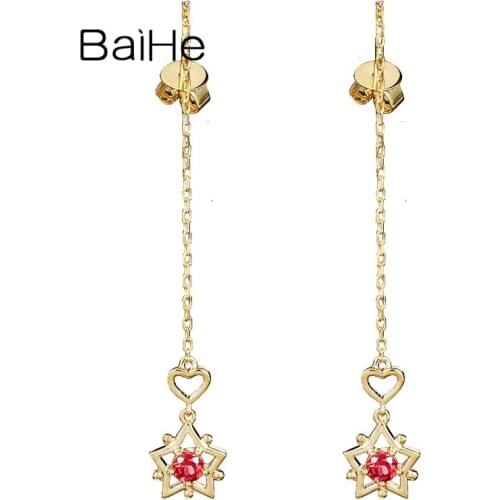 BAIHE Solid 18K Yellow Gold 0.20ct Natural Ruby Earrings Women Wedding Engagement Trendy Fine Jewelry Tassel Star Stud Earrings