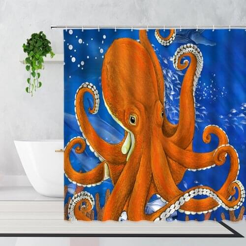 Funny Colorful Octopus Shower Curtains Blue Underwater World Cartoon Marine Animal Sea Turtle Bathroom Bath Curtain With Hooks