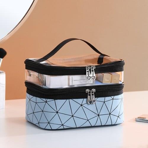 2019 Hot Womens Cosmetic Bags Double Layer Makeup Travel Toiletry Organizer Storage Zipper Bag PU Leather Plaid